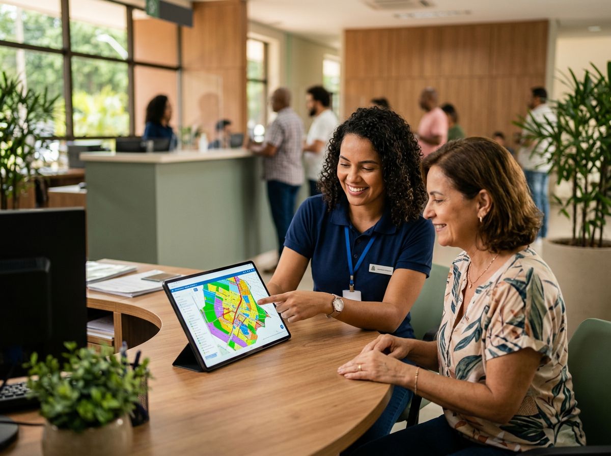 Servidora da prefeitura mostrando o mapa de zoneamento num tablet para uma cidadã