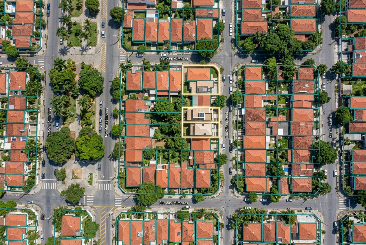 Vista aérea de um bairro com as construções contornadas e duas construções novas destacadas