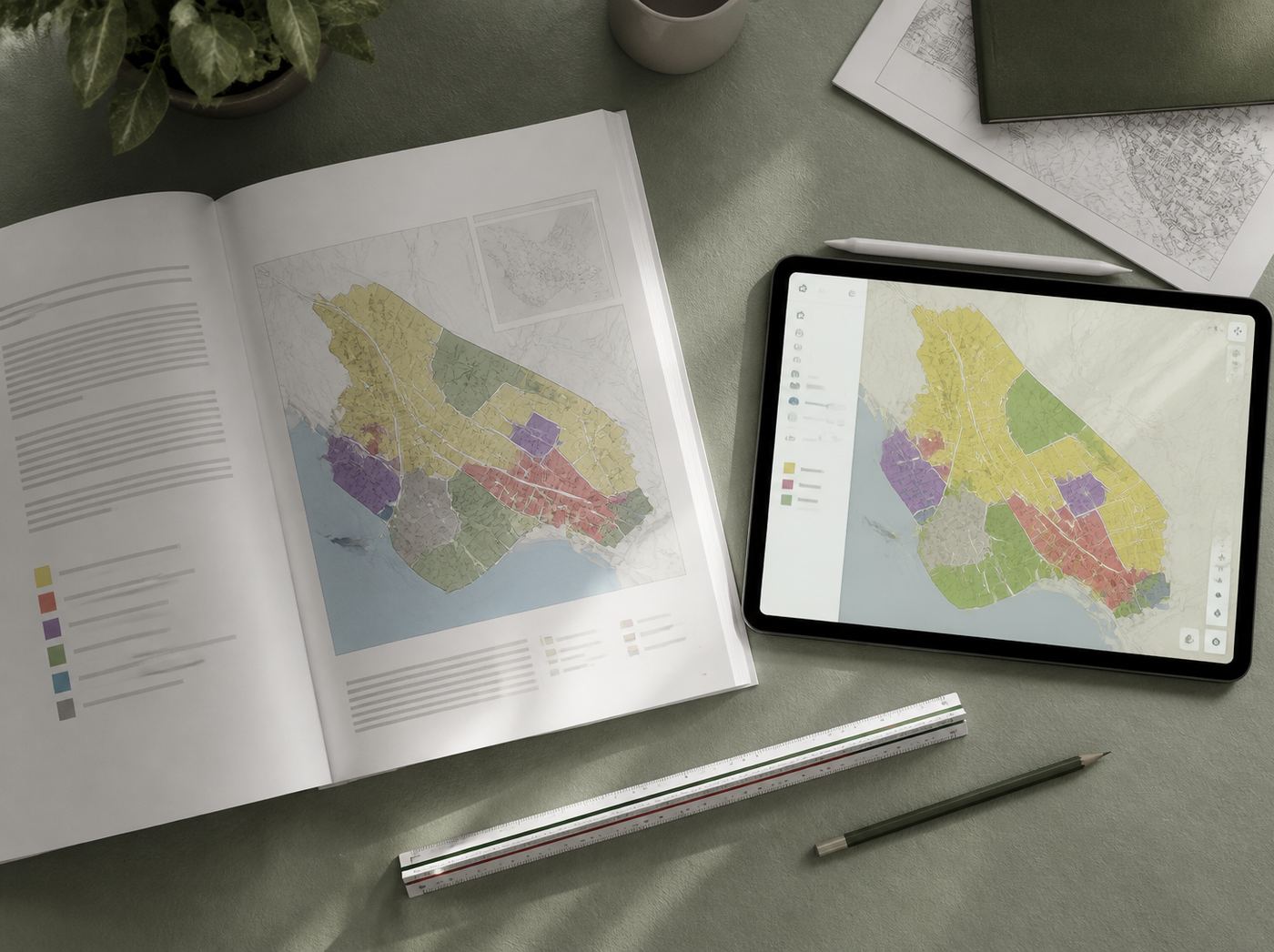 Lei de zoneamento impressa ao lado do mesmo mapa aberto num tablet